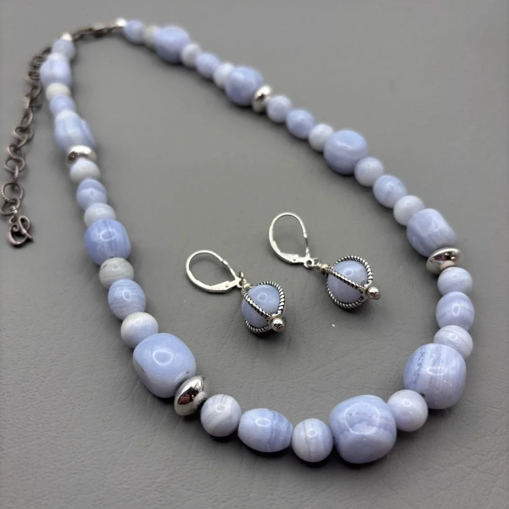 Vintage Carolyn Pollack Relios Necklace Earrings Sterling Blue Lace Agate 17